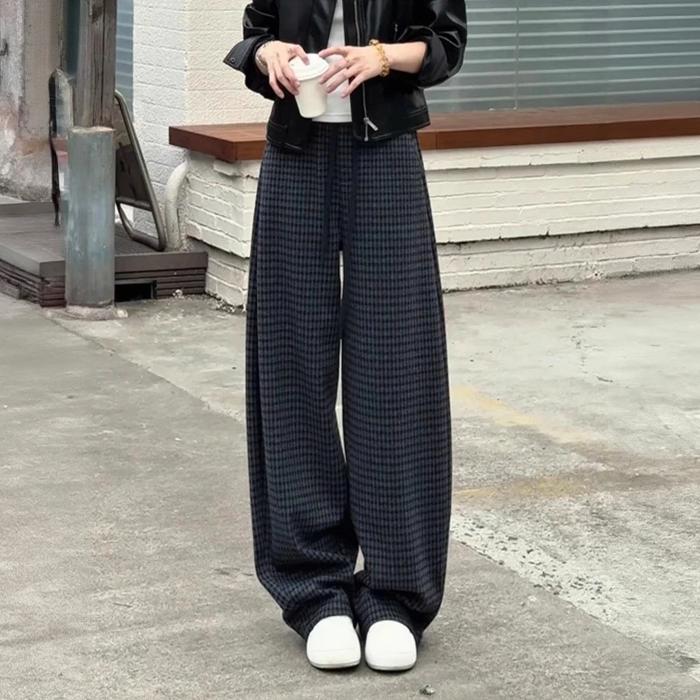 加绒蓝格子直筒弯刀裤女2025冬季新款松紧高腰柔软抗皱休闲阔腿裤