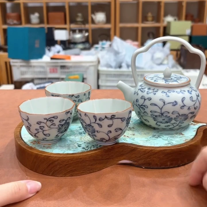 菊花汝窑一壶三杯+葫芦小茶盘+茶席