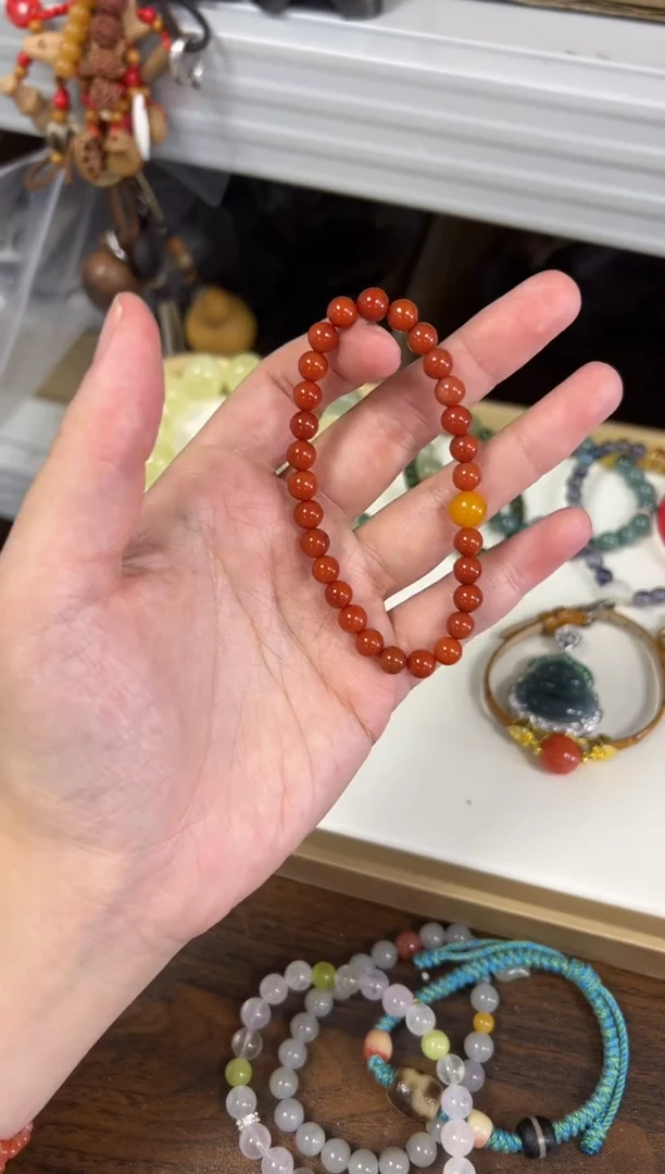 未镶嵌手链玛瑙/玉髓满肉柿子红玛瑙蜜蜡顶珠手链6MM[0674]
