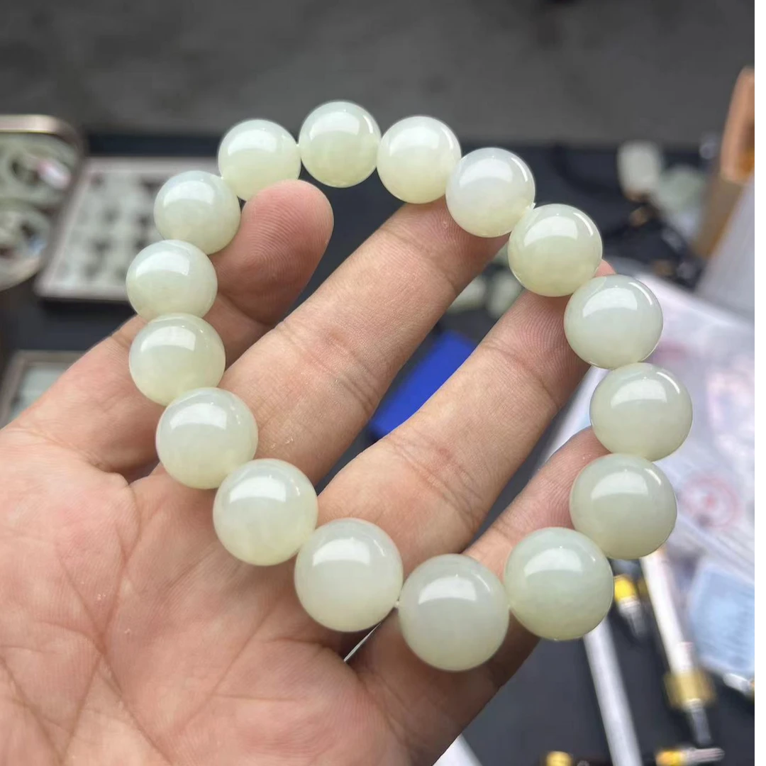 天然新疆和田玉且末县四号矿钢板料手串卡14mm