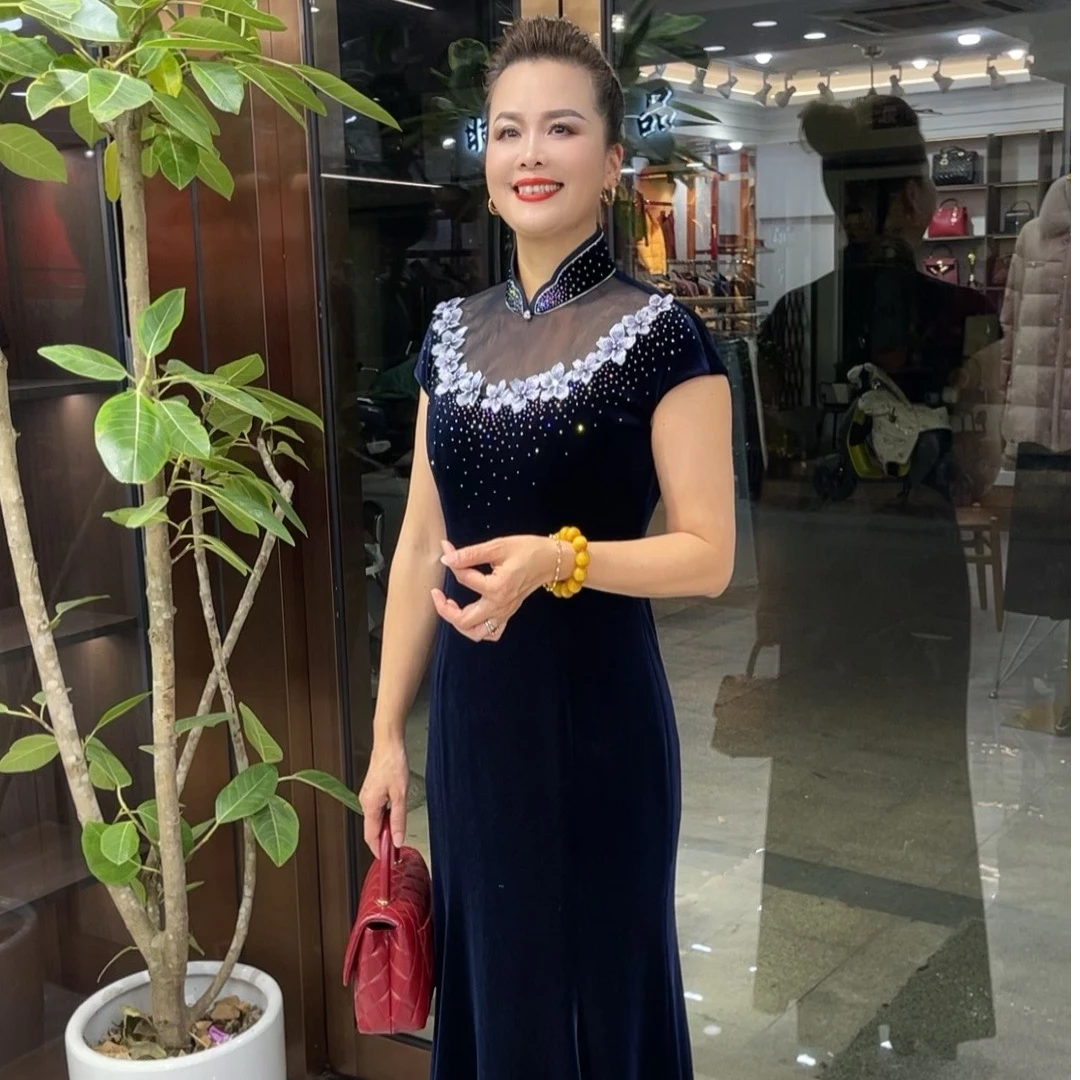 高级金钻绒长款显瘦优雅国风鱼尾礼服ZZY170222