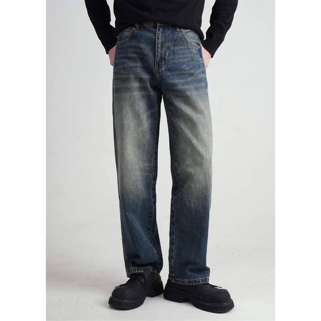 直筒复古蓝水洗牛仔裤男休闲百搭潮流宽松男士美式中高腰