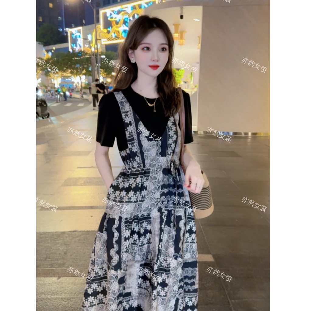 【亦然独家款】连衣裙女2025夏新款新型花色度假风假两件中长连衣裙