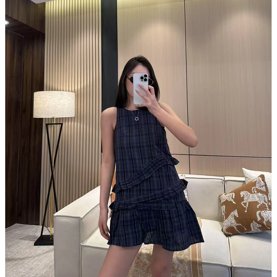 【小婉】潮汐情书  小众设计感无袖格纹宽松荷叶边连衣裙