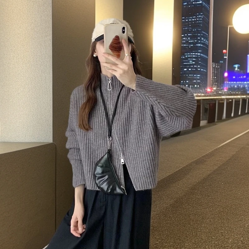 【希琴家】时髦洋气双拉链高领针织衫女秋冬外穿慵懒风设计感99366