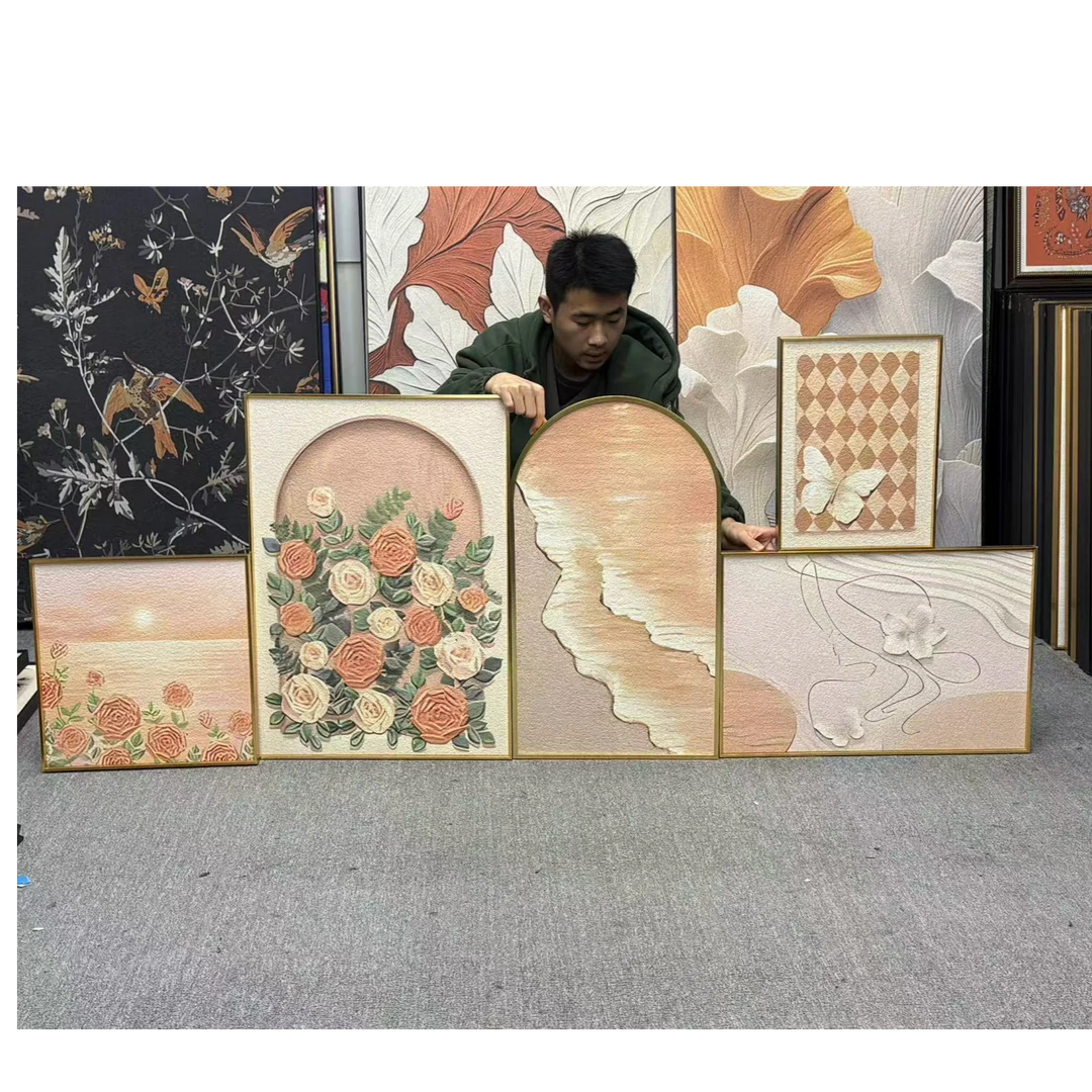 奶油风客厅装饰画法式肌理玫瑰花沙发背景墙挂画高级感组合500