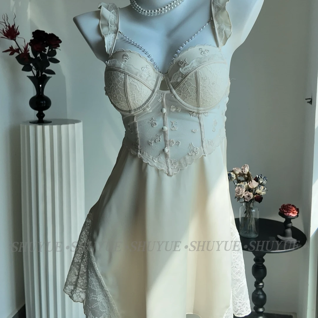 【朦胧爱意】法式轻奢缎面丝绸性感蕾丝前扣带胸垫吊带连衣裙睡裙