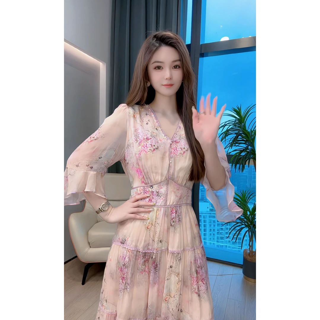 【深圳米熙儿】夏季桑蚕丝钉珠收腰女装连衣裙6079