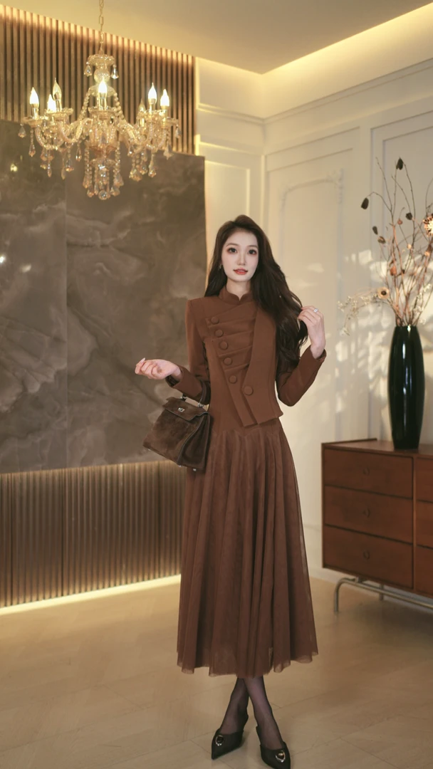 罗曼定制  原创设计拼接连衣裙秋季高腰大摆裙拉链不褪色立领法式