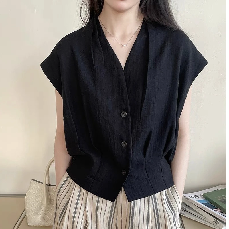 月月家/2991 夏季新款女装设计师款马甲衬衫百搭时尚无袖简约