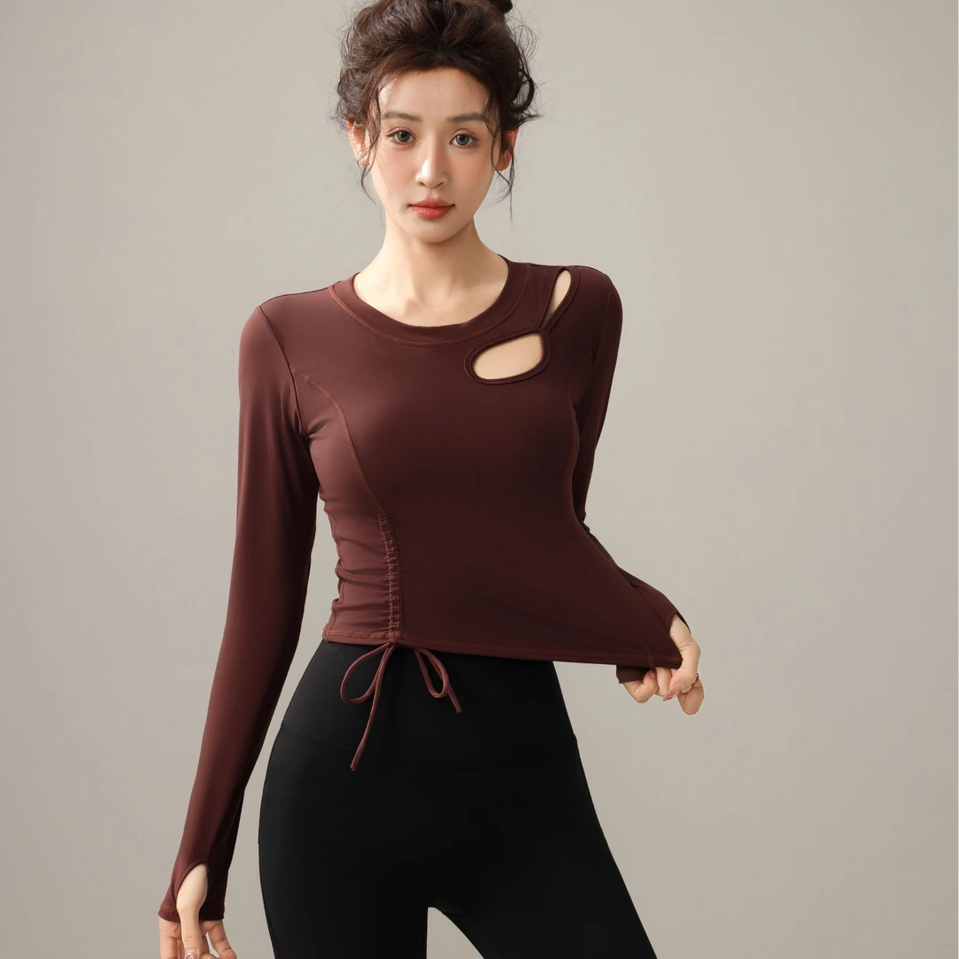 精致小清新镂空抽绳性感瑜伽服长袖一体杯23759