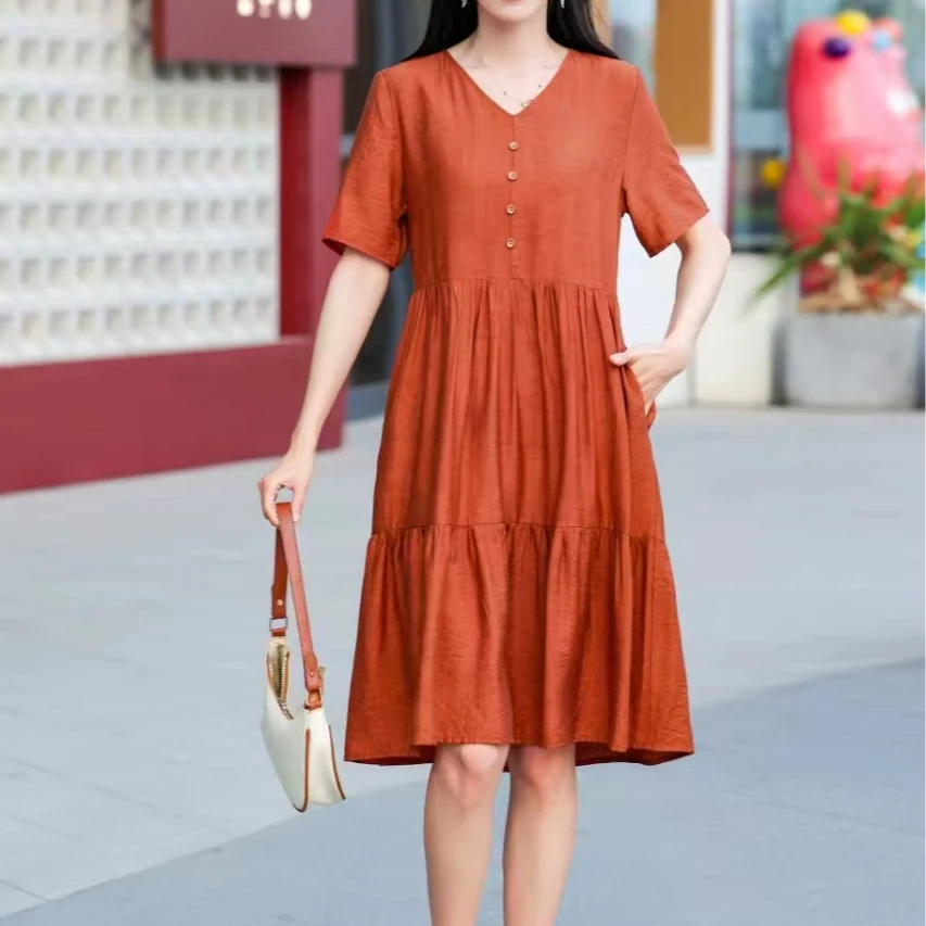 苎麻短袖连衣裙女2025夏装新款系带收腰气质显瘦时尚花苞裙