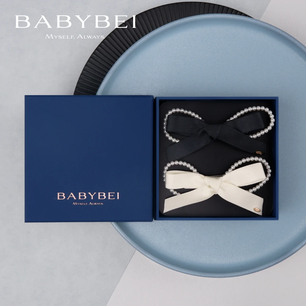 BABYBEI/初贝织织高亮珠大号鸭嘴夹蝴蝶结边夹高级温柔黑色米色