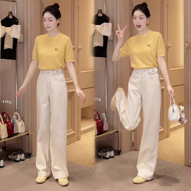 夏季韩系时尚小个子减龄可爱小狗短袖针织上衣休闲直筒裤两件套女