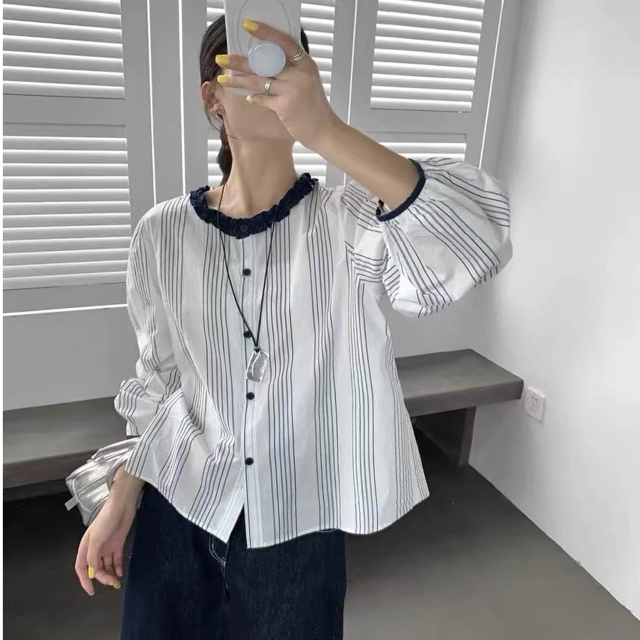 法式高级感木耳边撞色条纹衬衫女宽松显瘦长袖上衣潮秋季新款8809