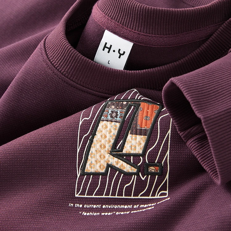 梵基弗奈男士春秋季潮流时尚贴布刺绣青年卫衣后背印花圆领上衣