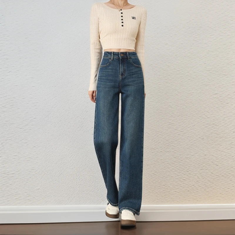 新款复古蓝微喇牛仔裤女2025春夏高腰显瘦150小个子阔腿喇叭裤子