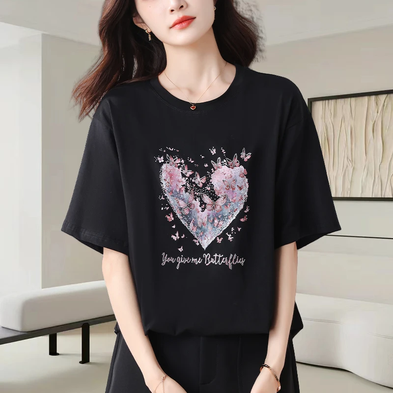 黑色短袖t恤女士夏季2025新款宽松遮肉显瘦时尚爱心印花体恤上衣