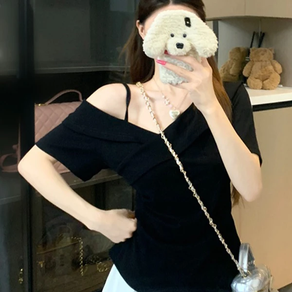 微胖MM纯欲辣妹设计感露肩T恤小心机斜肩不对称修身显瘦短袖上衣