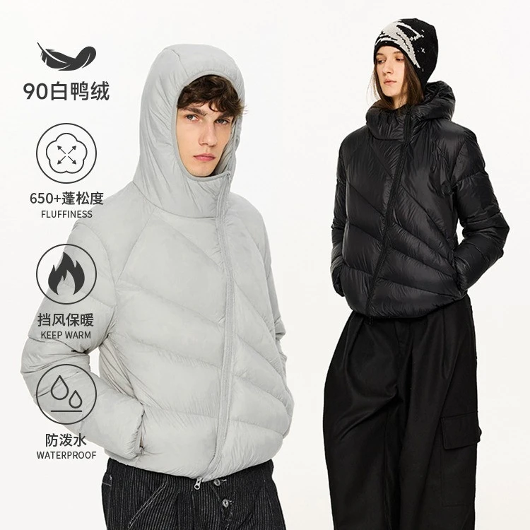 KREATE「放射线轻量化」90排骨斜拉链解构轻薄连帽羽绒服正肩防水