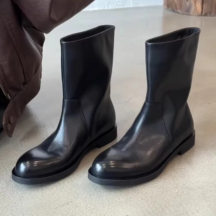 牛皮版~马丁靴女2025新款百搭通勤风黑色圆头套筒不累脚中筒靴