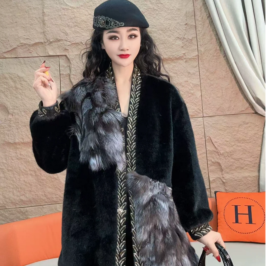 161冬季新款时尚气质重工狐狸毛拼接仿水貂绒保暖外套