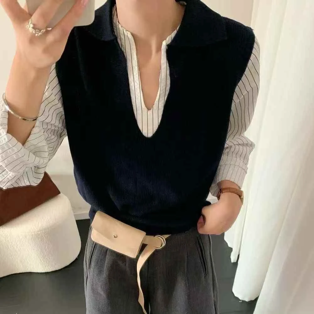 秋季新款拼接背心条纹袖假两件针织衫HRG6303