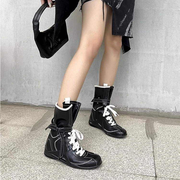 厚款增高透气马丁靴夏季筒靴系带靴子女鞋筒靴秋冬英伦风网红