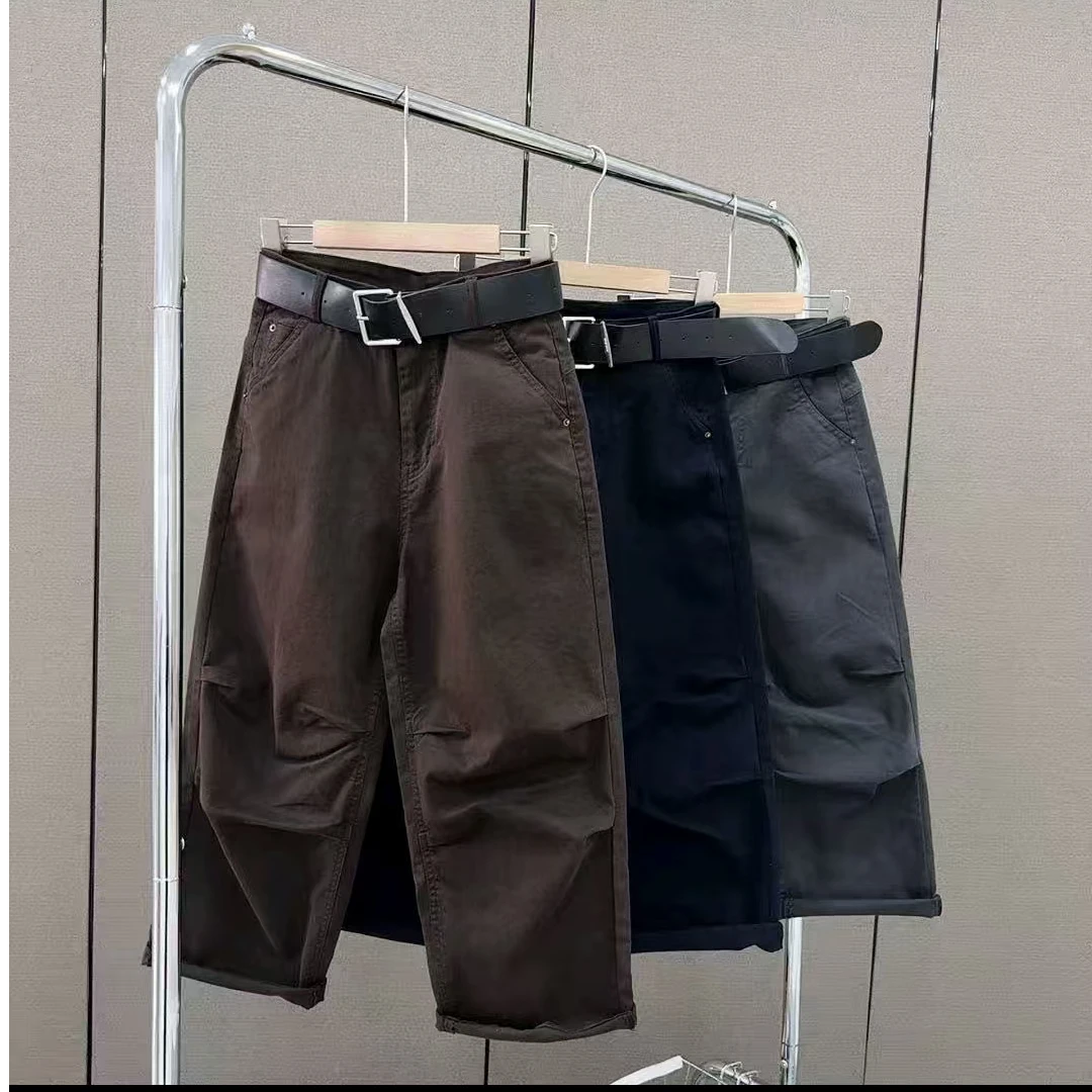 高腰弯刀工装裤休闲裤直筒2025秋季新款宽松显瘦百搭九分显瘦口袋