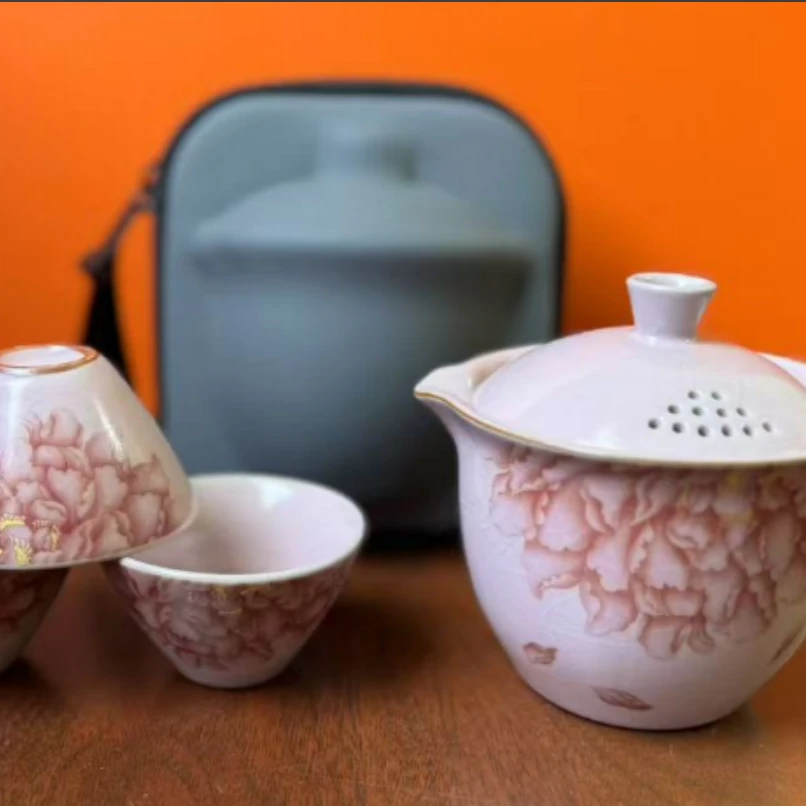 KK0630-牡丹粉汝窑国色天香一壶三杯旅行套