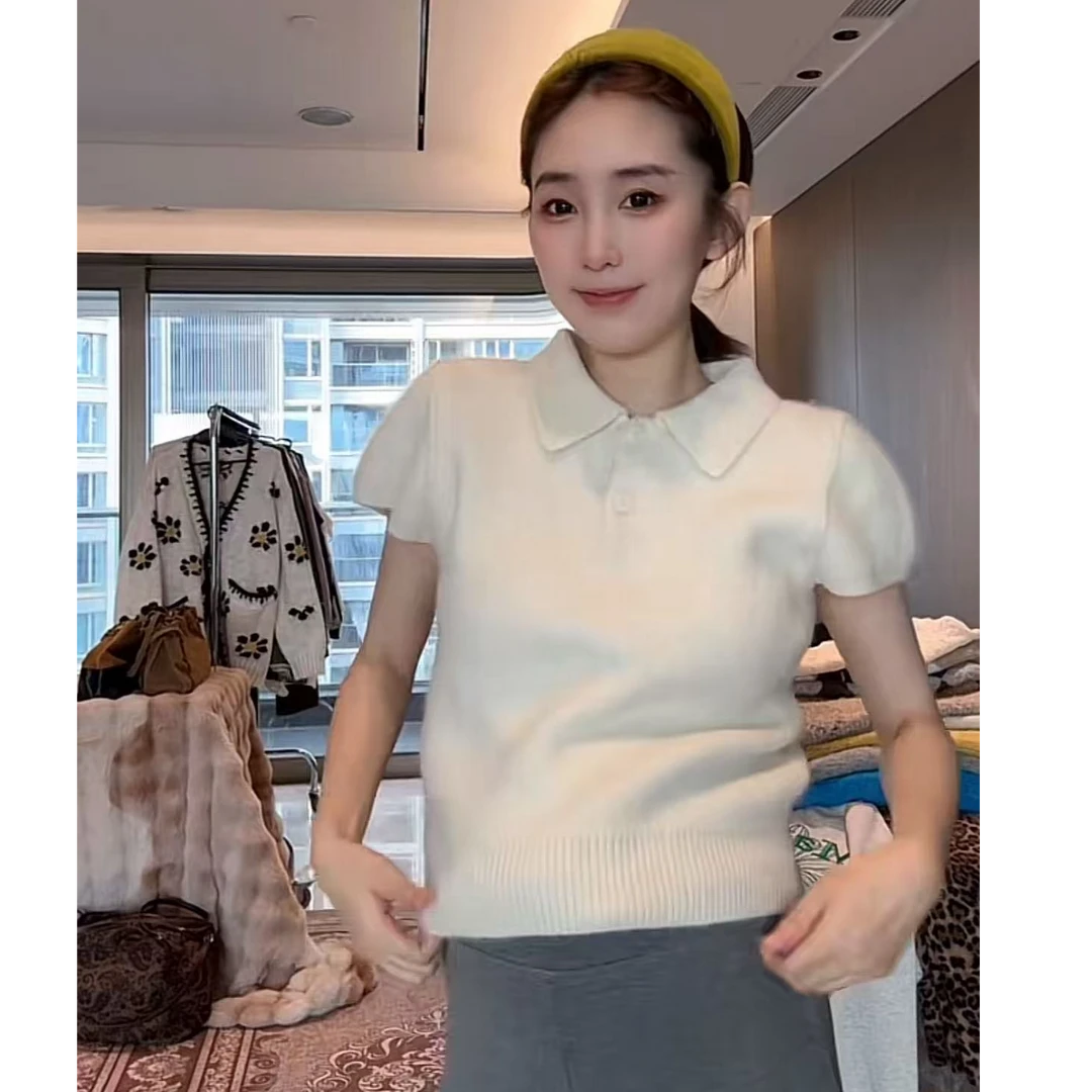 徐靖靖【翻领短袖】简约百搭时尚翻领毛绒厚款针织短袖2509182