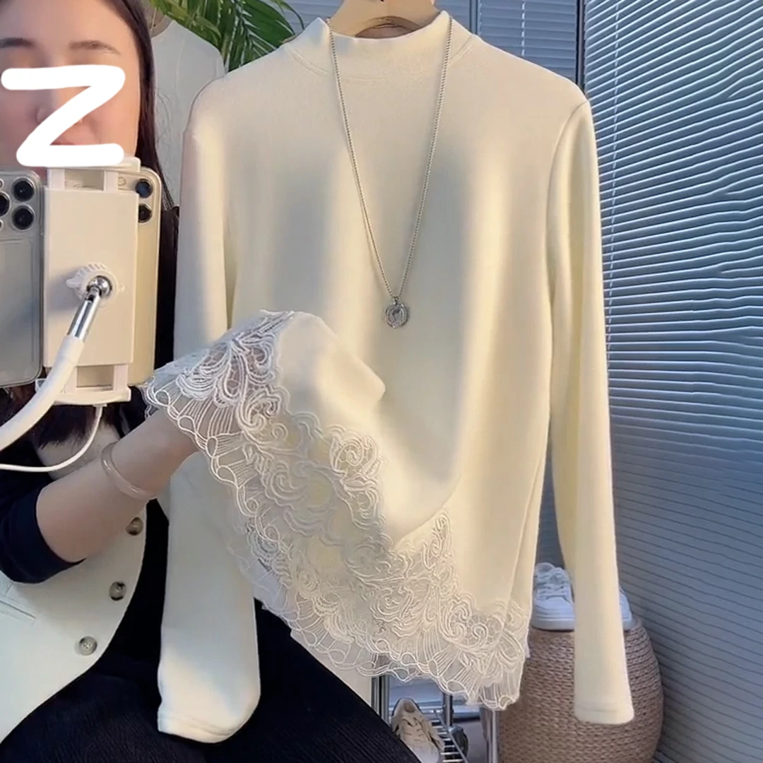 法式花边拼接德绒长袖T恤女2025秋冬新款时尚宽松显瘦立领打底衫