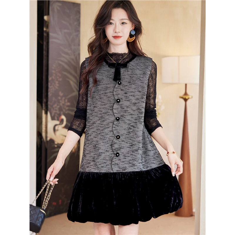 丝绒拼接无袖连衣裙女秋季2025新款法式气质减龄蝴蝶结圆领背心裙