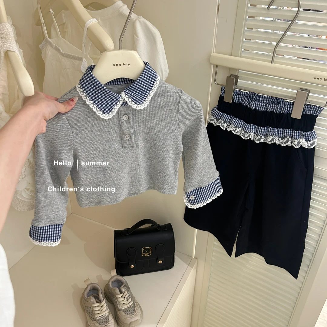 女童套装2025春季新款宝宝格纹假两件套装polo设计感撞色长袖韩版