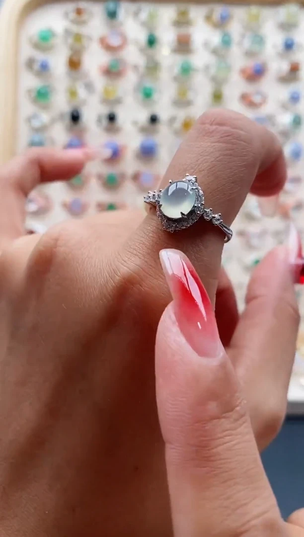 【闪购商品】翡翠戒指银S925镶嵌缅甸天然A货翡翠222 2+8