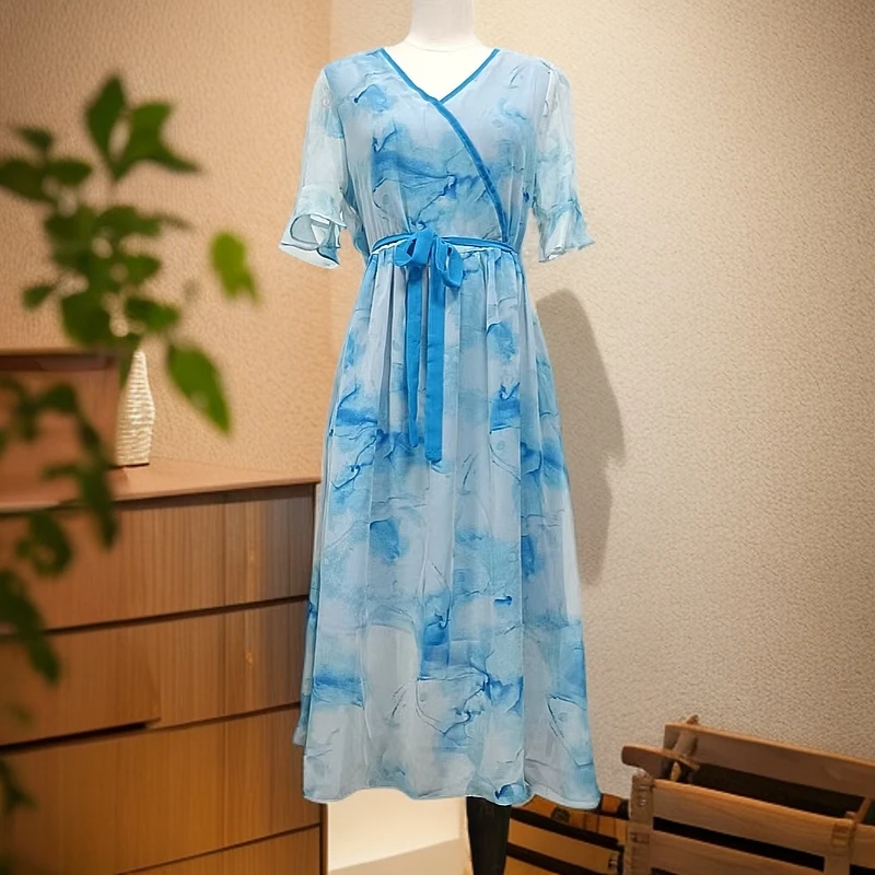 夏季V领温柔风法式减龄碎花连衣裙T218