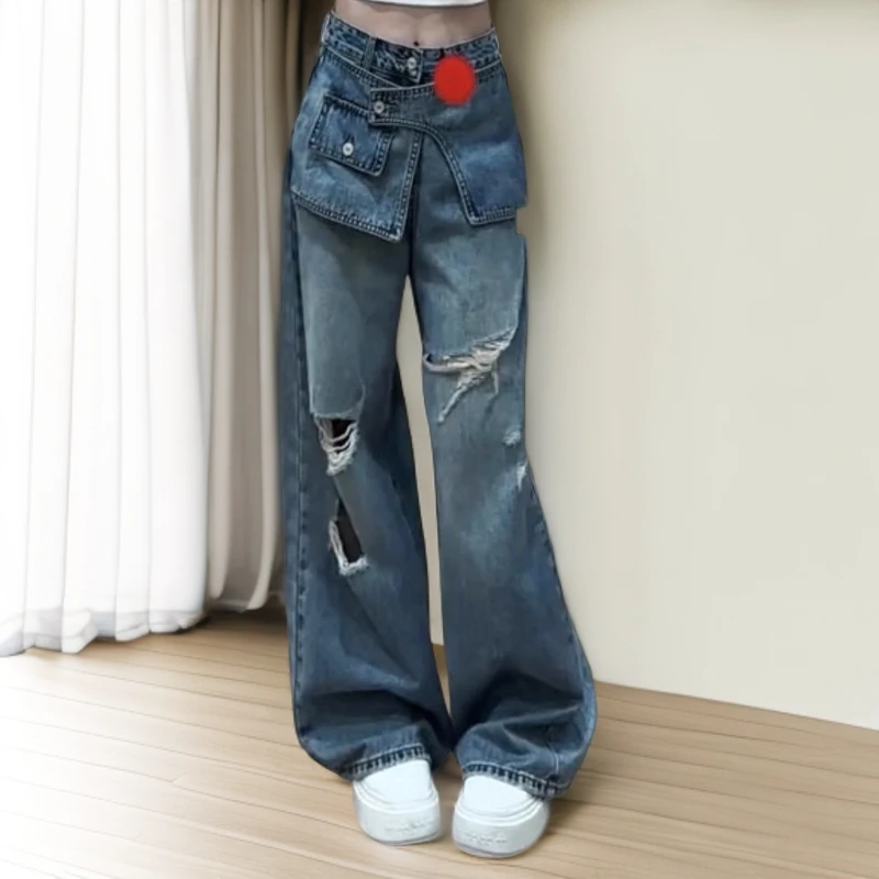 破洞牛仔裤女秋季新款直筒阔腿设计感宽松复古气质牛仔阔腿裤显瘦