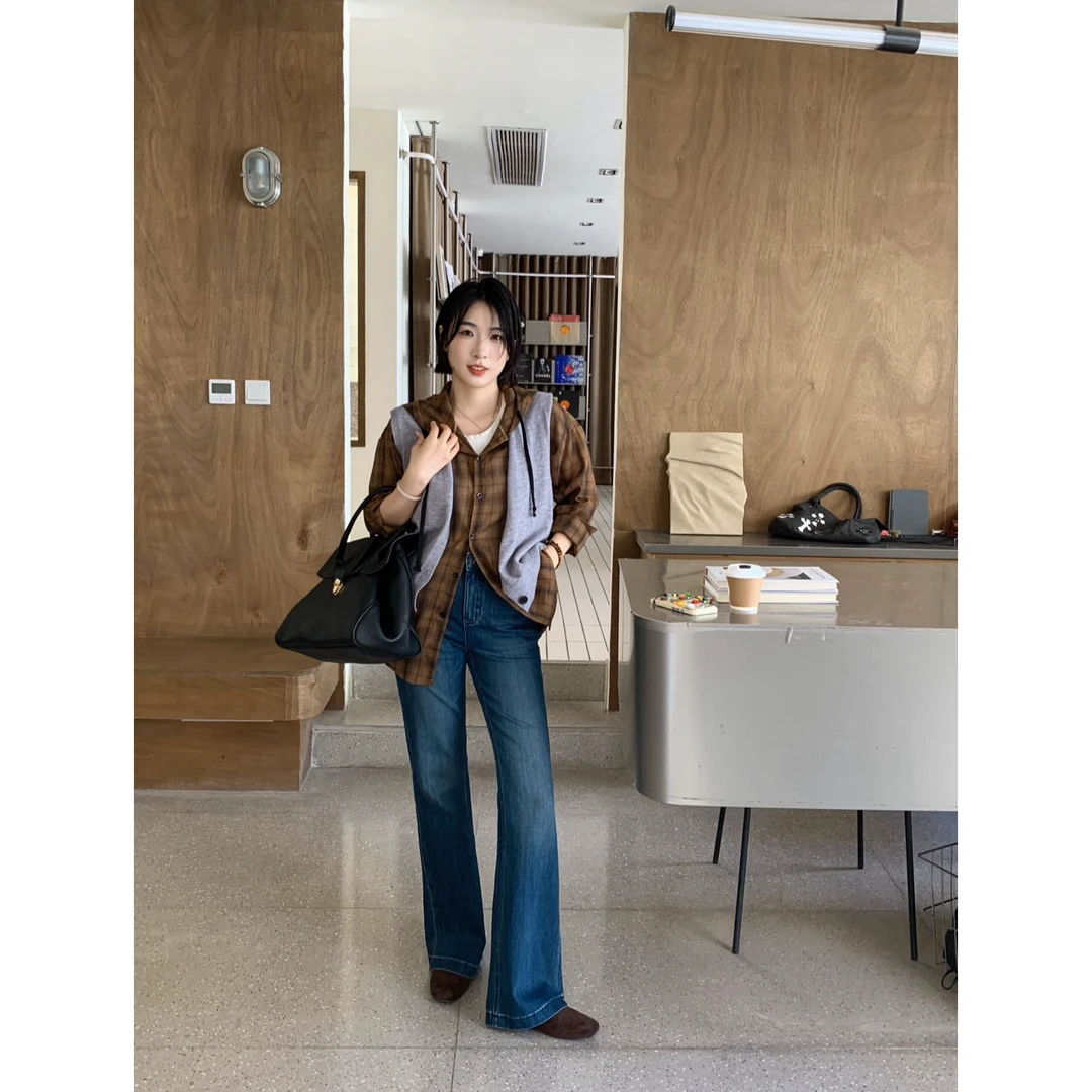 2025秋欧货小松菜25856四面弹糯米牛仔裤脚开叉超模喇叭牛仔裤女