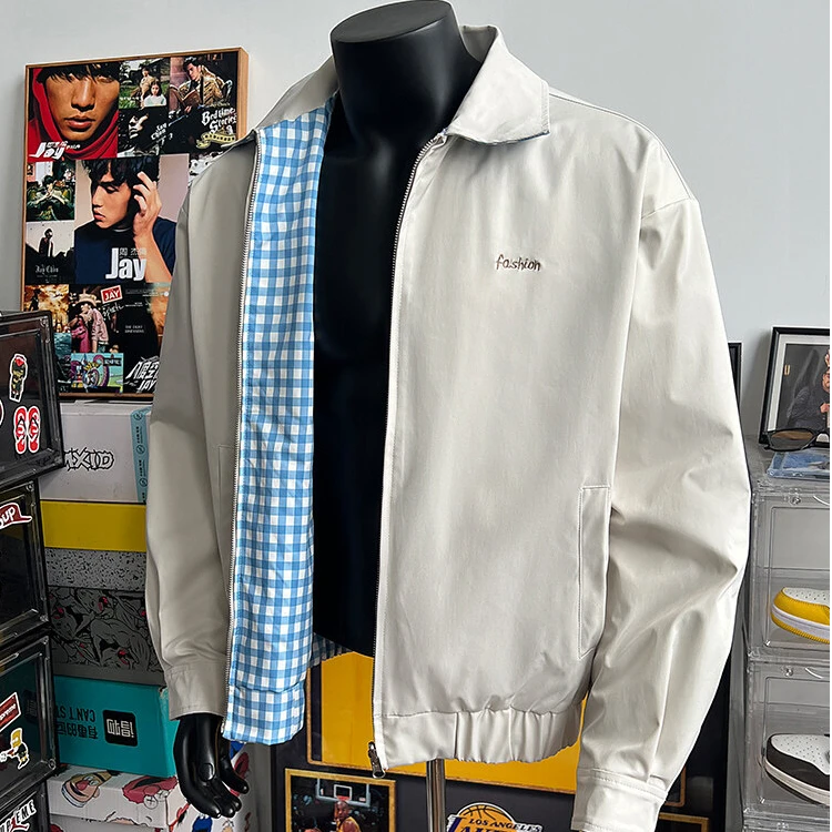 浅色蓝格拼接翻领两面穿夹克美式小众设计感短款外套潮牌高级上衣