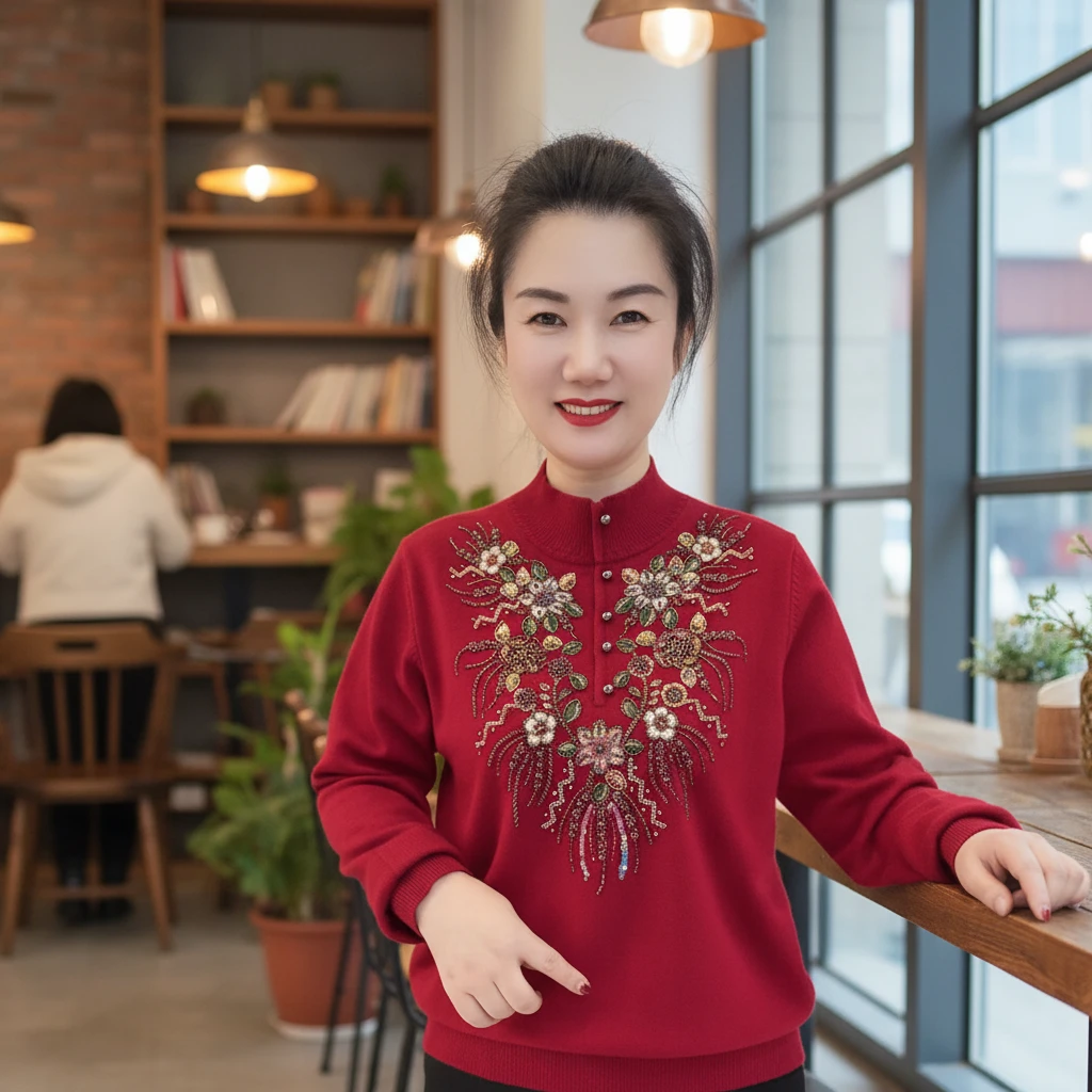 中老年女装重工刺绣半竖扣立领针织衫妈妈装红色立领减龄打底衫