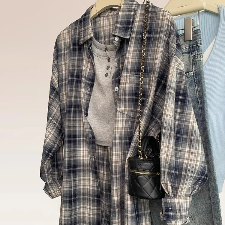 【杭州四季青好货】格子长袖衬衫女新款小个子薄款夏季宽松外套上衣