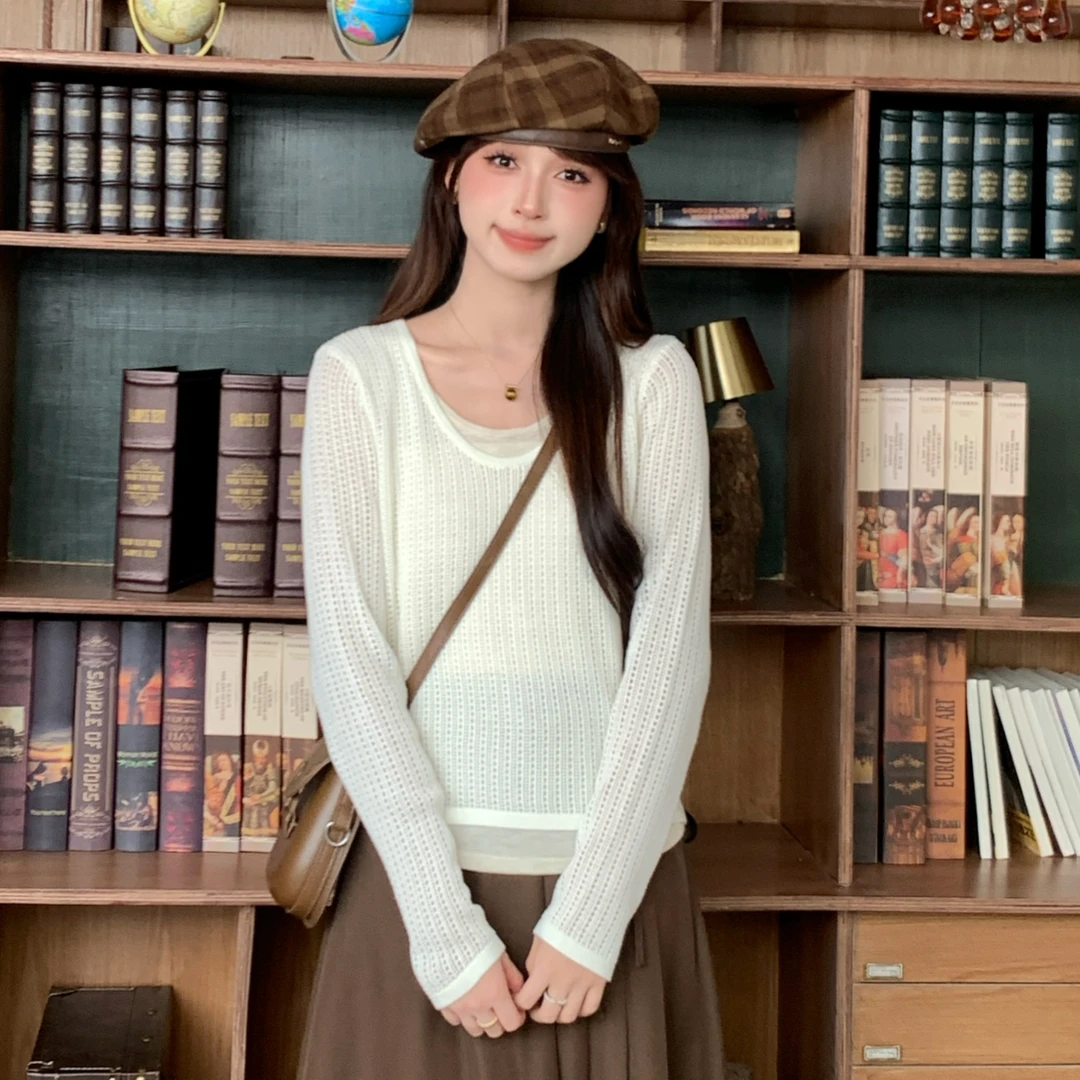 【粉丝专属】TU28611气质假两件设计针织衫女百搭别致显瘦上衣潮