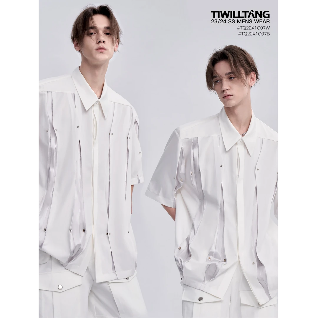 TIWILLTANG启世录 “搭崎”活页搭门宽松垂感设计感短袖白银衬衫
