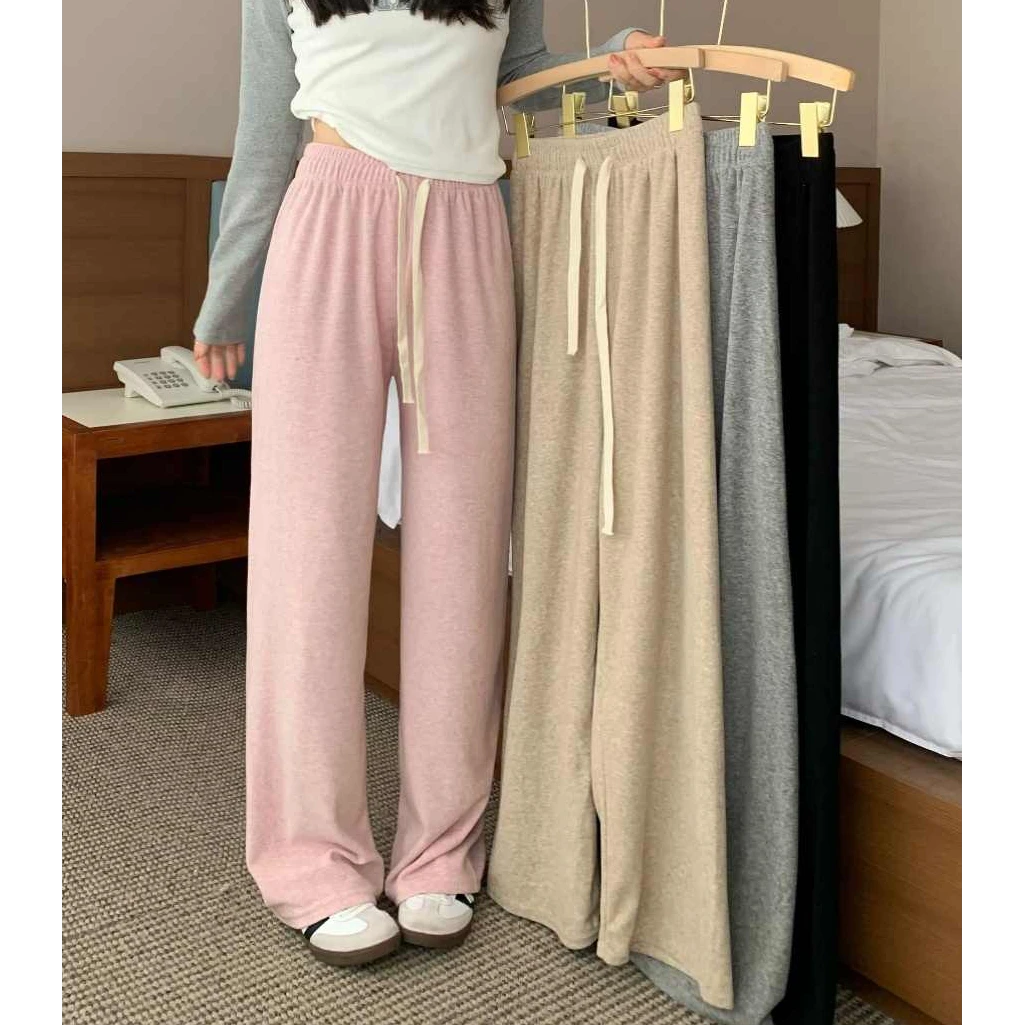 【清清】纯色抽绳休闲裤女秋冬2024新款高腰软糯垂感阔腿裤子#8916