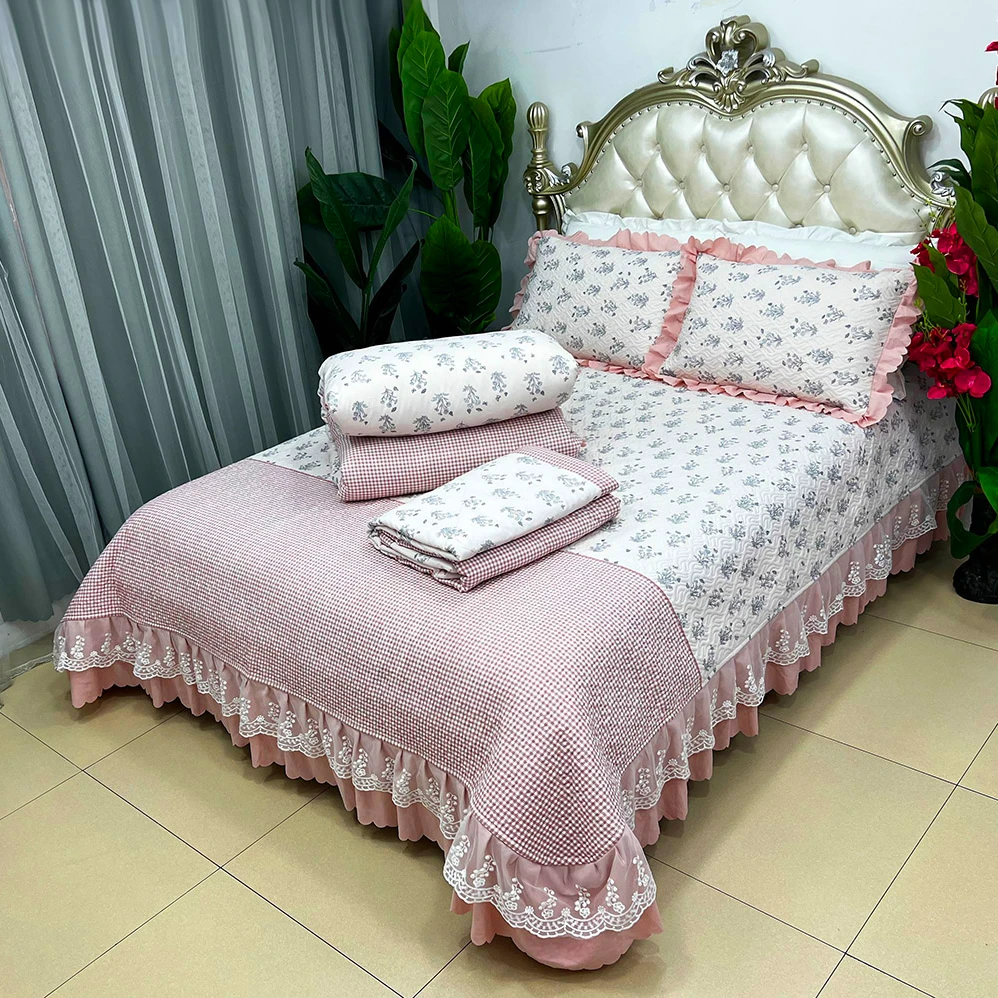 【床盖被套夏凉被五件套】四季韩版荷叶边四件套床盖三件套双层纱