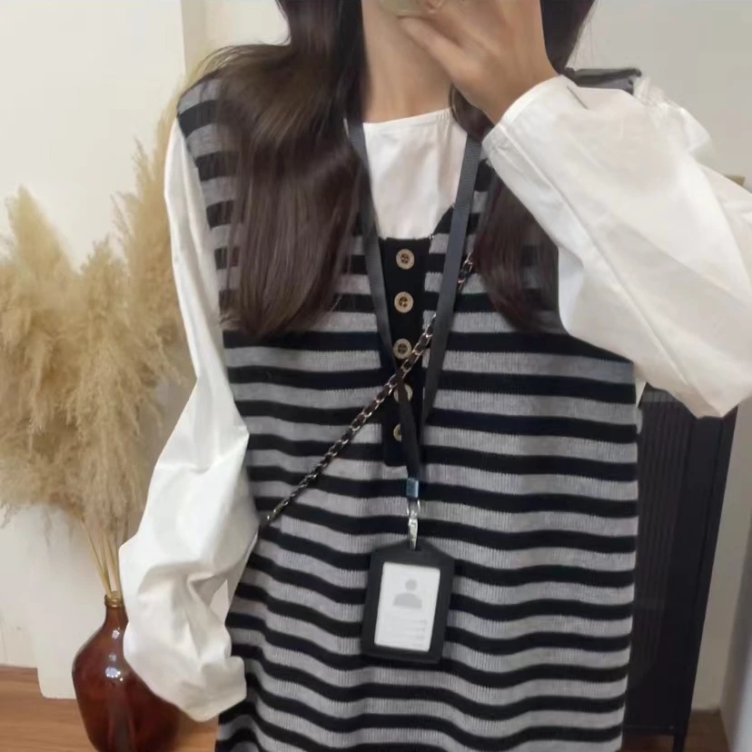 韩版两件套宽松条纹背心裙慵懒叠穿显瘦秋季衬衫长袖套装