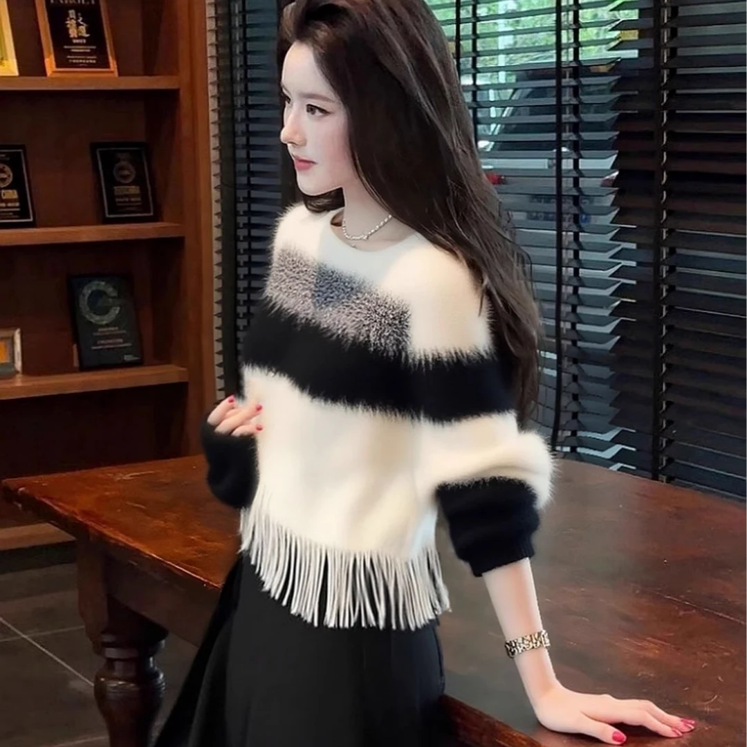 绝美名媛气质超好看秋冬季新款漂亮慵懒感气质条纹毛衣上衣百搭