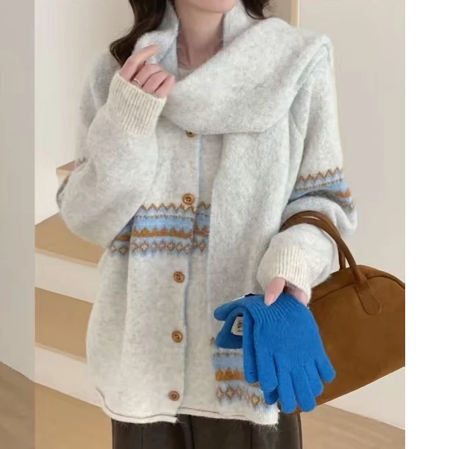 【费尔岛围巾开衫】秋冬百搭软糯保暖复古风宽松针织外套-苋 19917-