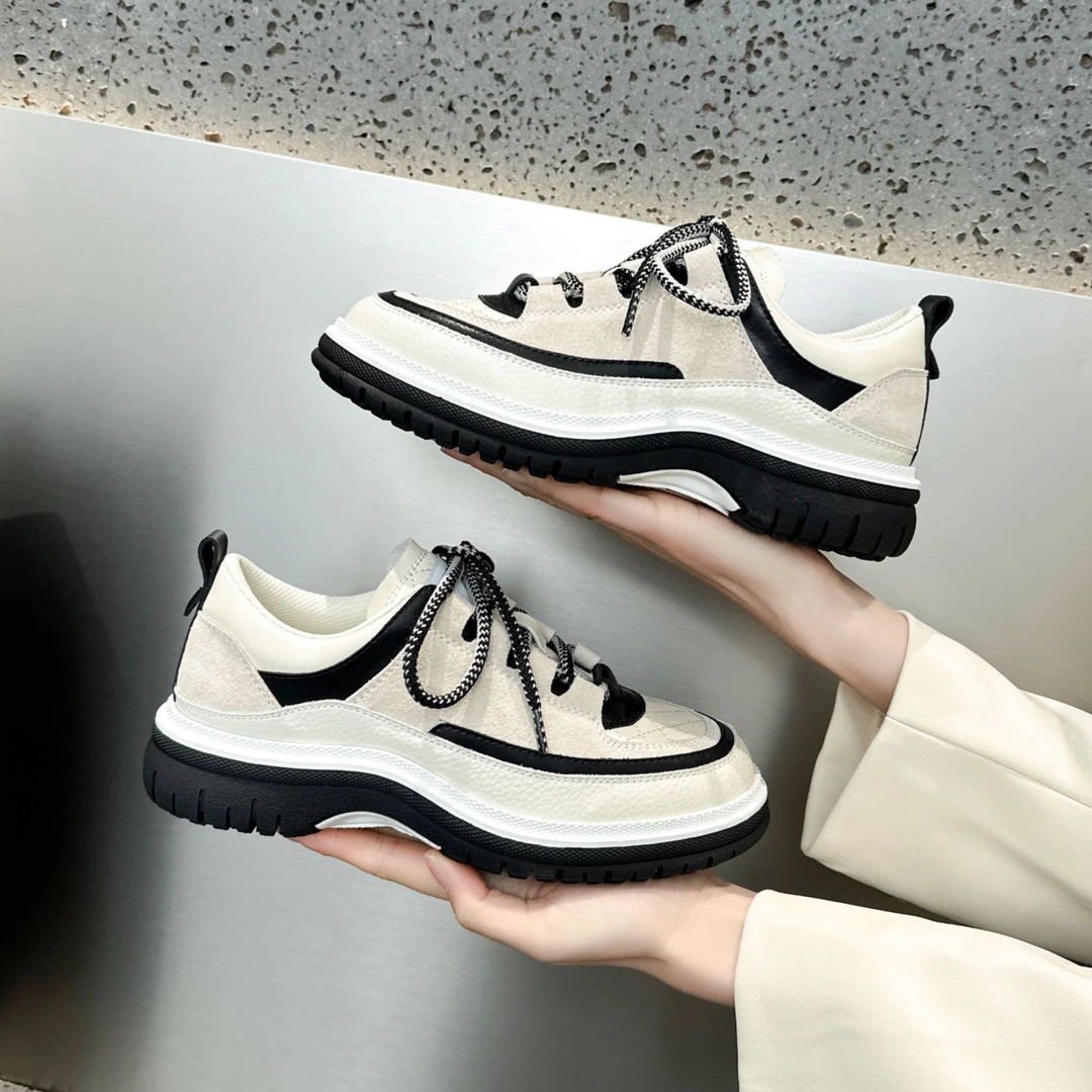 真皮7cm内增高女鞋2025新款小香风板鞋厚底运动休闲鞋百搭老爹鞋