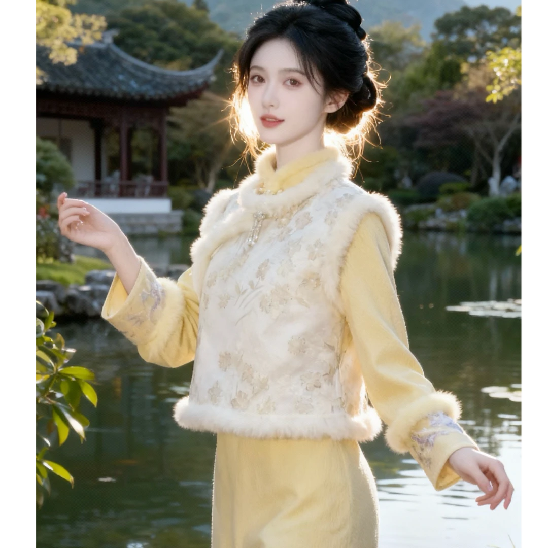 苏故里【奶黄包】新款气质黄色改良版旗袍加绒加厚百搭日常减龄甜美